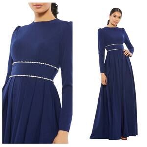 NWT IEENA for MAC DUGGAL Blue Long Sleeve A-Line Rhinestone Waist Evening Gown